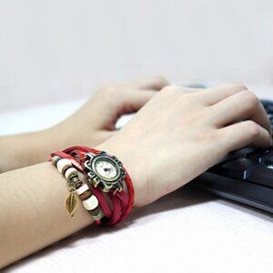 Beautiful Bohemian Style Retro Handmade Leather Tree Leaf Women\'s Watches-rose